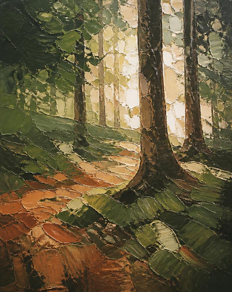 Textured oil painting of sunlight filtering through forest trees